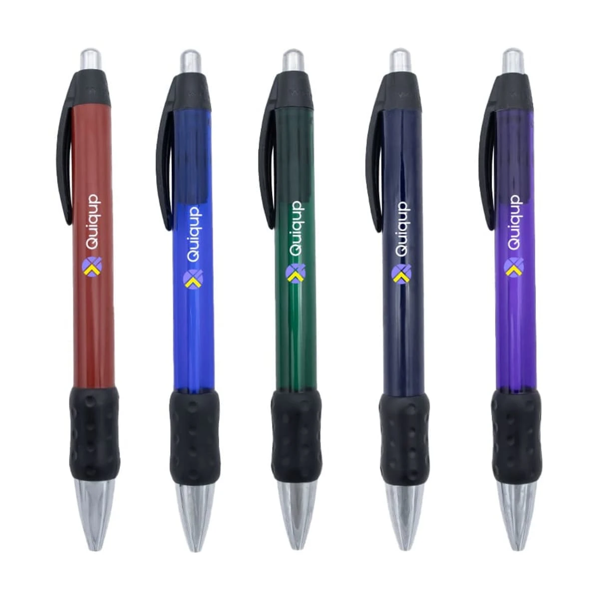 Five colorful retractable pens with rubber grips, lined up in a row.
