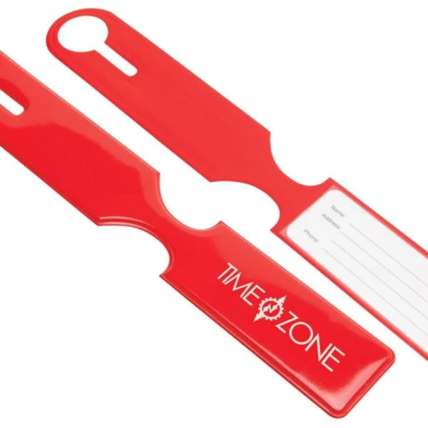 Two red plastic luggage tags, one showing a form, the other showing TIMEZONE text.
