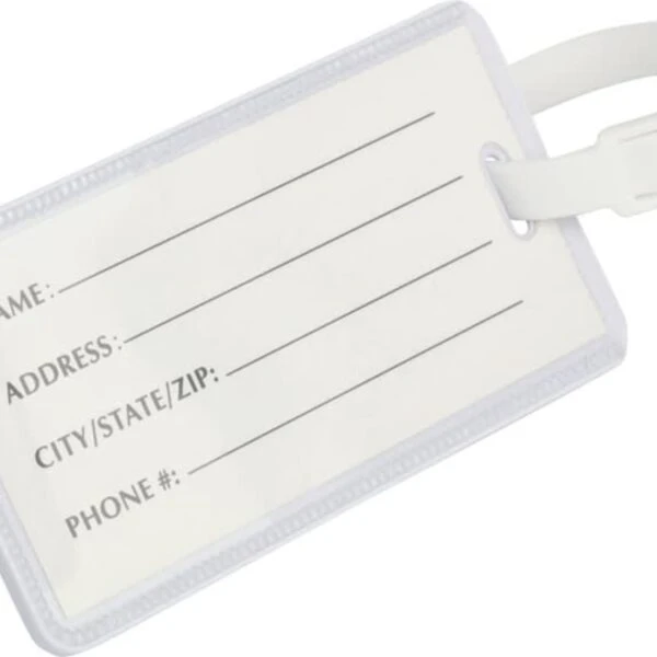 Blank luggage tag with lines to write name, address, city/state/zip, and phone number.