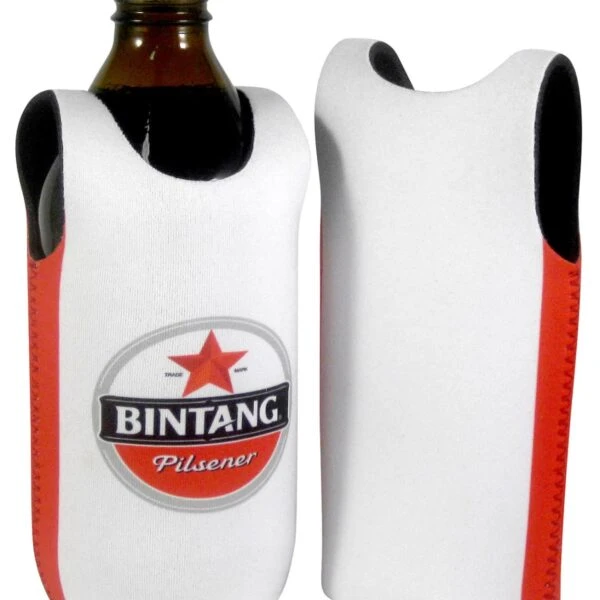 Bottle holders with Bintang Pilsener logo. Made of white material with red sides, they cover beer bottles, featuring a round logo with a red star and text. One holder shows the front design, while the other displays the back.