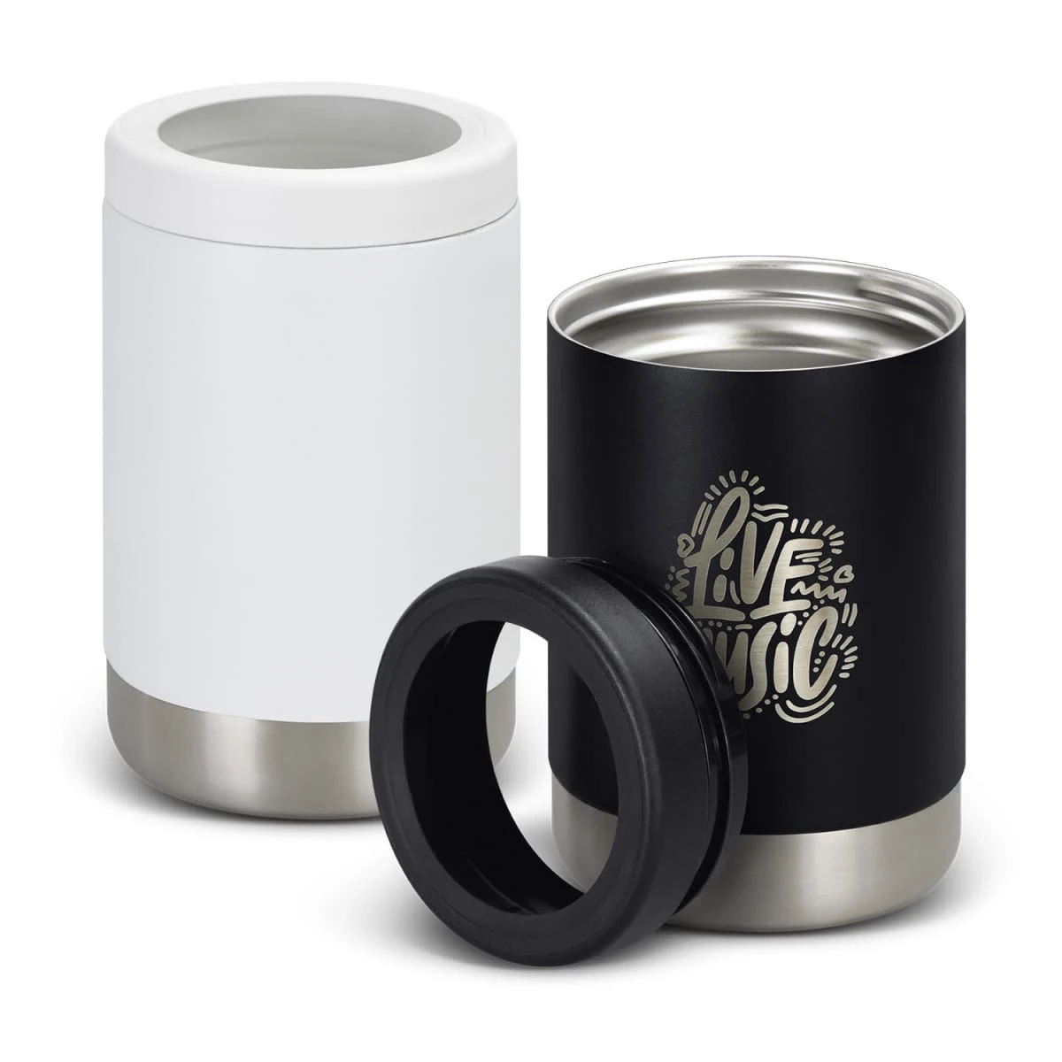 Two insulated can coolers are shown. One is white with a silver base, and the other is black with a silver base and a Live Music design on it. A black ring is placed in front of the coolers.