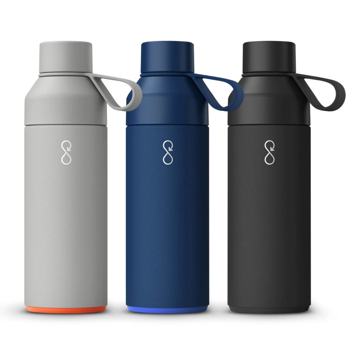 Three insulated water bottles in gray, blue, and black are lined up. Each has a looped lid and a minimalist logo. The bottles have a sleek design, perfect for retaining temperature during outdoor activities or daily hydration.
