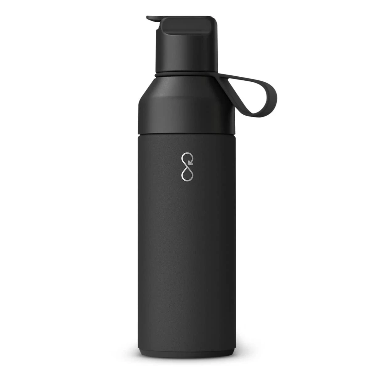 A sleek, black insulated water bottle with a matte finish and a looped handle on the cap. The bottle features a subtle logo in white.