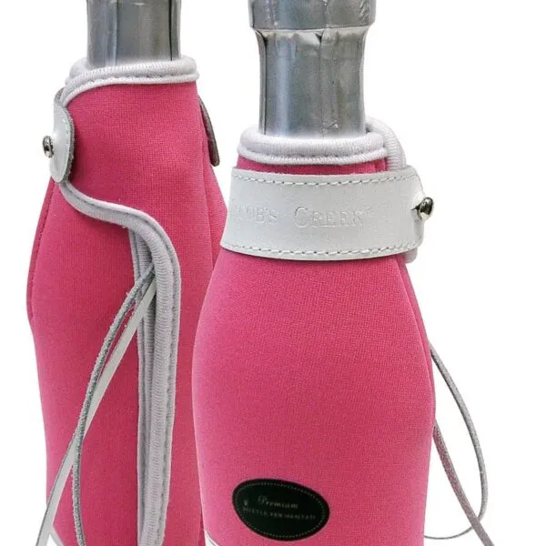 Two bottles of Jacobs Creek Sparkling Rosé dressed in pink and white neoprene sleeves with silver caps. They stand side by side, showcasing the stylish packaging.
