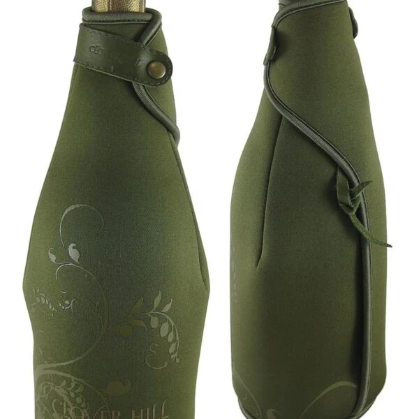 Two champagne bottles covered in elegant green fabric with a floral pattern and a gold emblem on the neck. The fabric is secured with a button and tie, giving a stylish and decorative appearance.