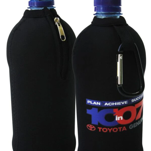 Two water bottles in black neoprene sleeves. The front sleeve features Toyota Genuine branding and motivational text. Each sleeve has a zippered closure and a carabiner clip attached. Blue bottle caps are visible at the top.