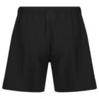 A pair of plain black shorts with an elastic waistband is shown against a white background. The shorts have a simple design and reach above the knees.