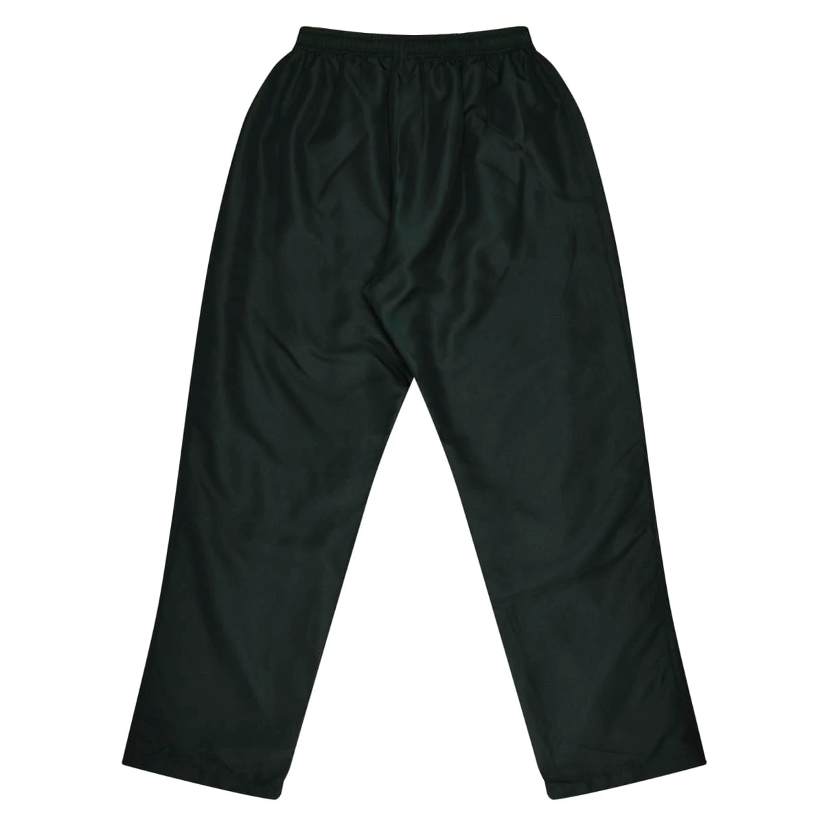 A pair of plain black pants with an elastic waistband, laid flat against a white background. The pants have a loose fit, straight legs, and simple stitching.