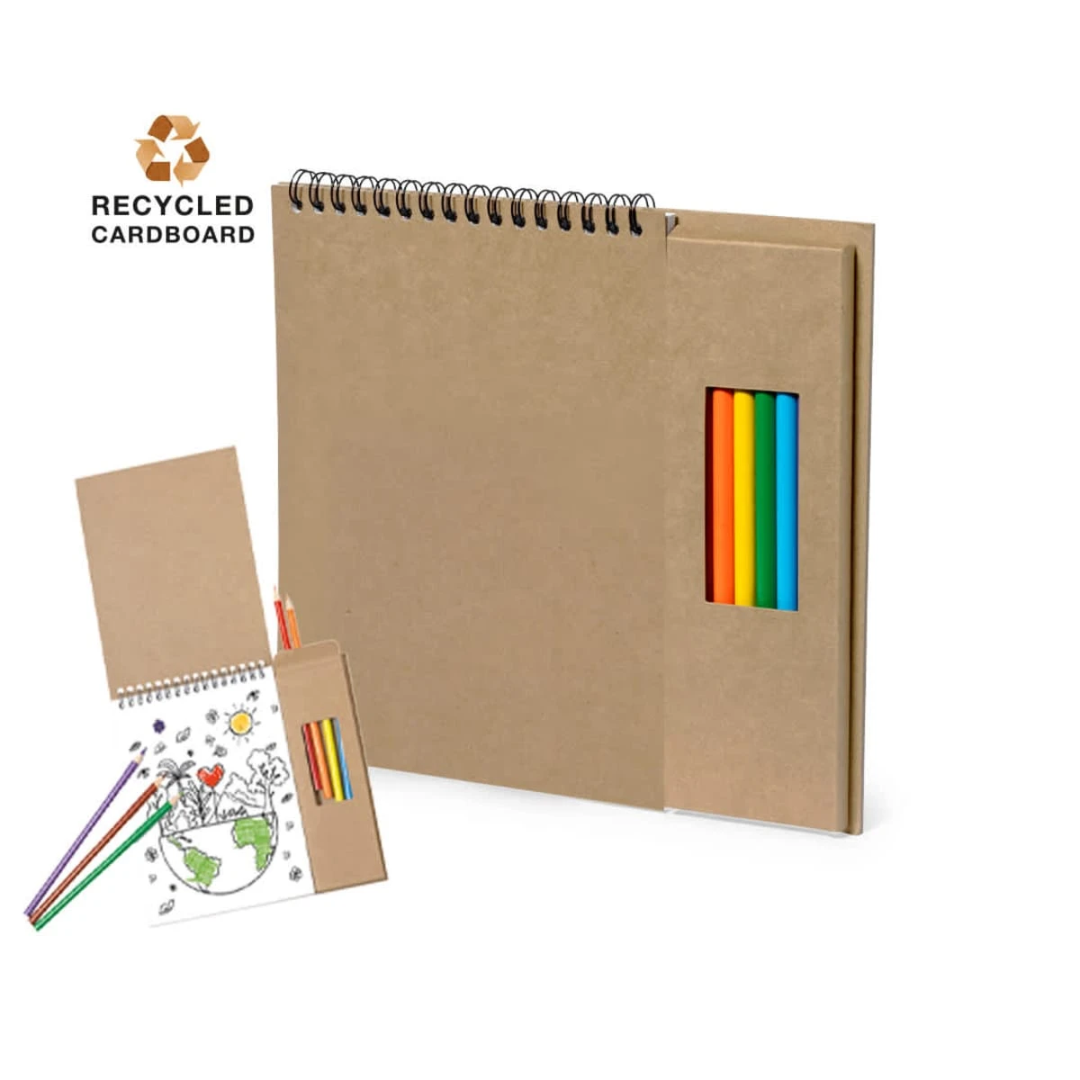 A spiral-bound notebook made of recycled cardboard with colored pencils in a side pocket. A smaller image shows an open notebook with a drawing of the earth surrounded by hearts and stars, with pencils scattered.
