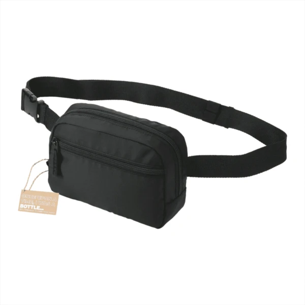 Black waist bag with zippered pockets and adjustable strap, displayed on a white background.