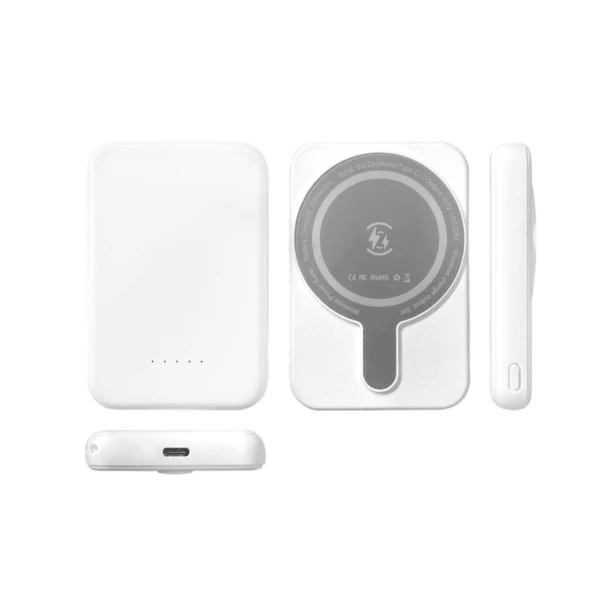A white portable wireless charger with four small indicator lights on one side and a circular charging pad on the other. The charger has a USB-C port on the side. It is shown from multiple angles.
