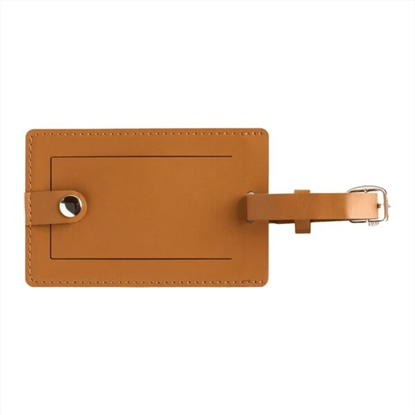 Brown leather luggage tag with blank space for a name, and an attached buckle strap.