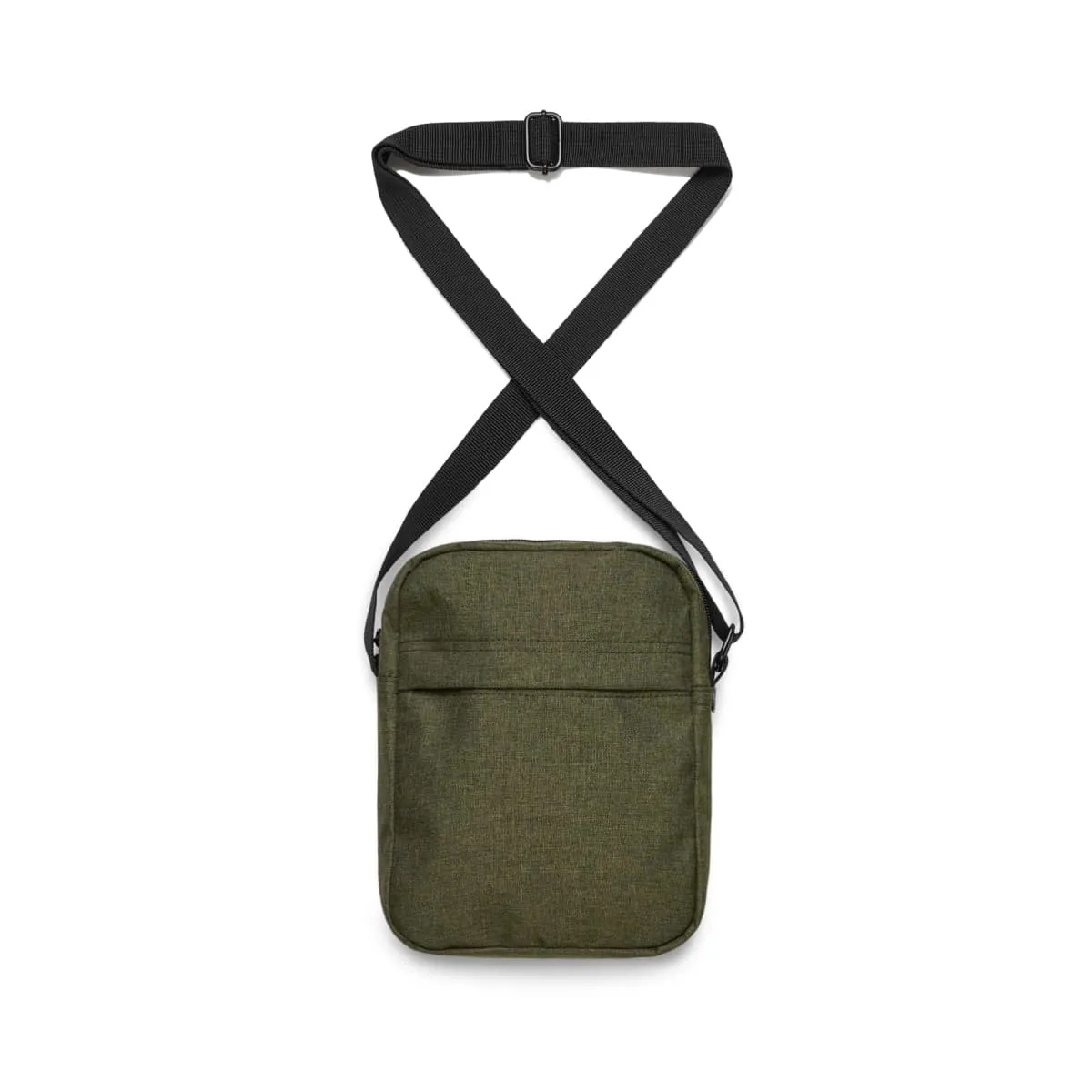 The Flight Two-Tone Bag is a square, olive green crossbody flight bag with a front pocket and adjustable black strap. This minimalist design is perfect for any occasion.