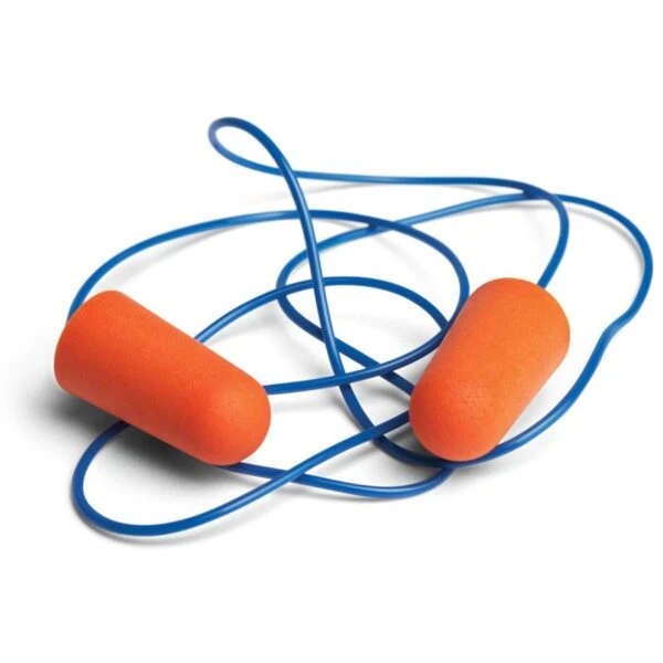 The Southern Sound Guard Corded Earplug features an orange pair connected by a thin blue cord, resting on a white background, with the cord loosely tangled between them.