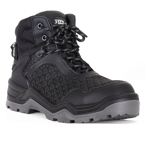 Black and grey rugged work boot with laces, thick sole, and mesh detailing.