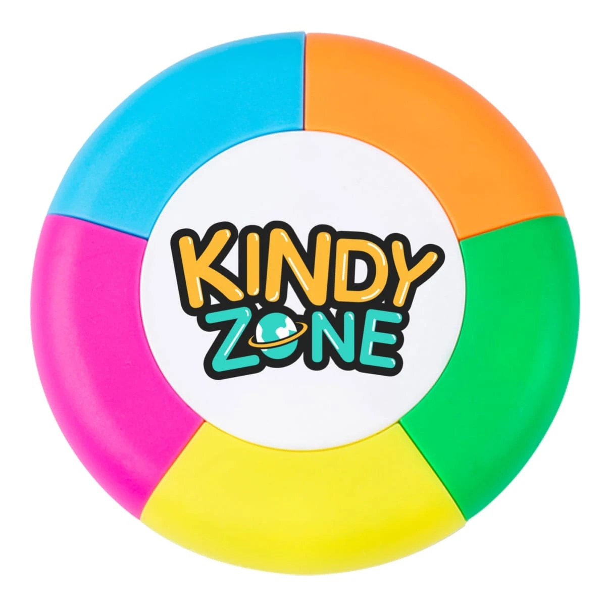 Round toy with four colorful sections and Kindy Zone logo in the center.