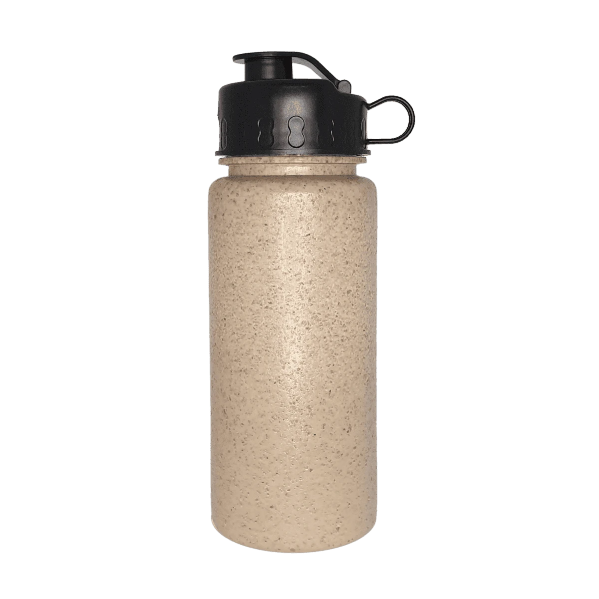 The EcoRice 600ML Bottle features a black screw-on lid, handle loop, and an eco-friendly beige speckled design.