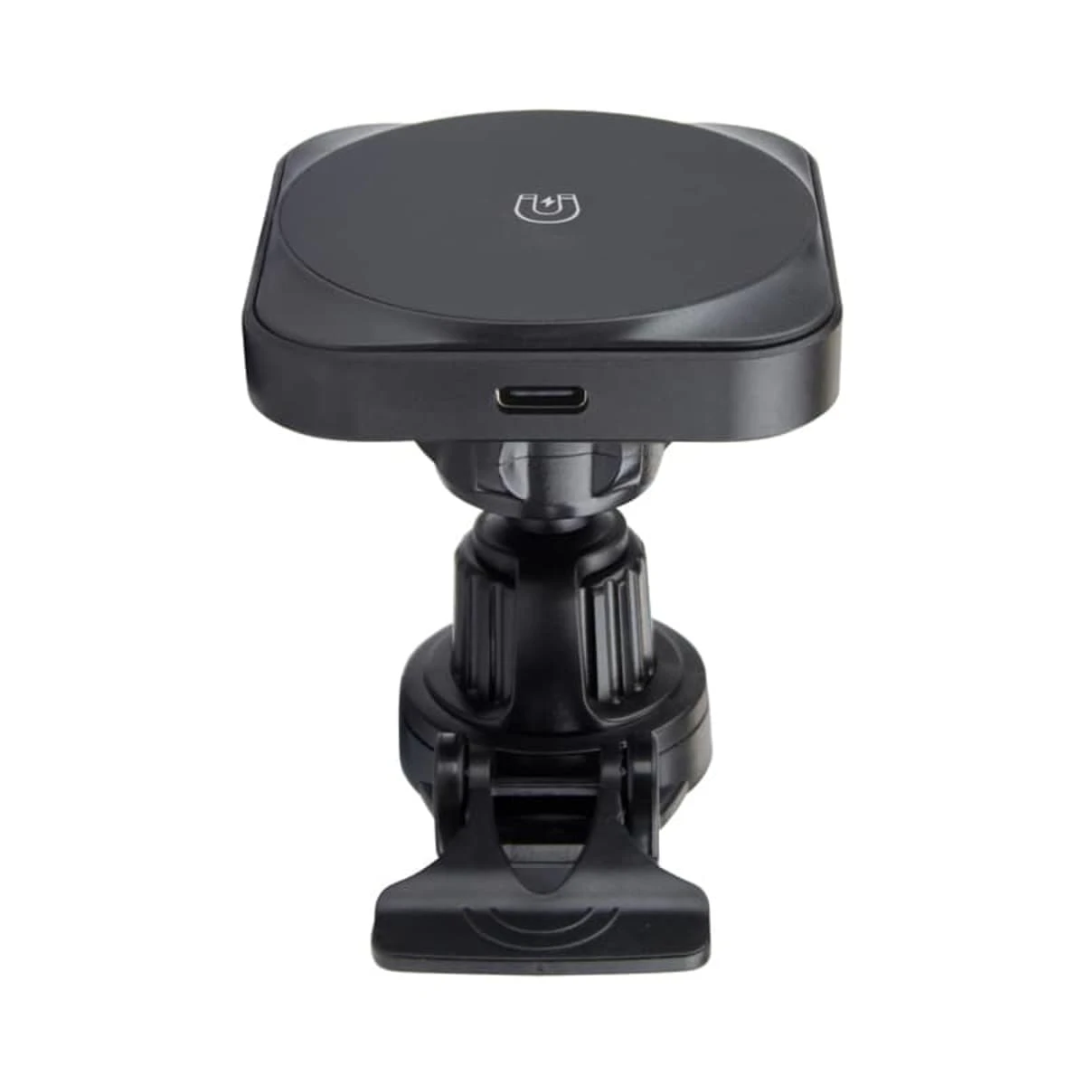 A black magnetic car phone mount with a square top and a USB-C port, featuring an adjustable pivot and a spring-loaded clamp for insertion into a cars air vent.