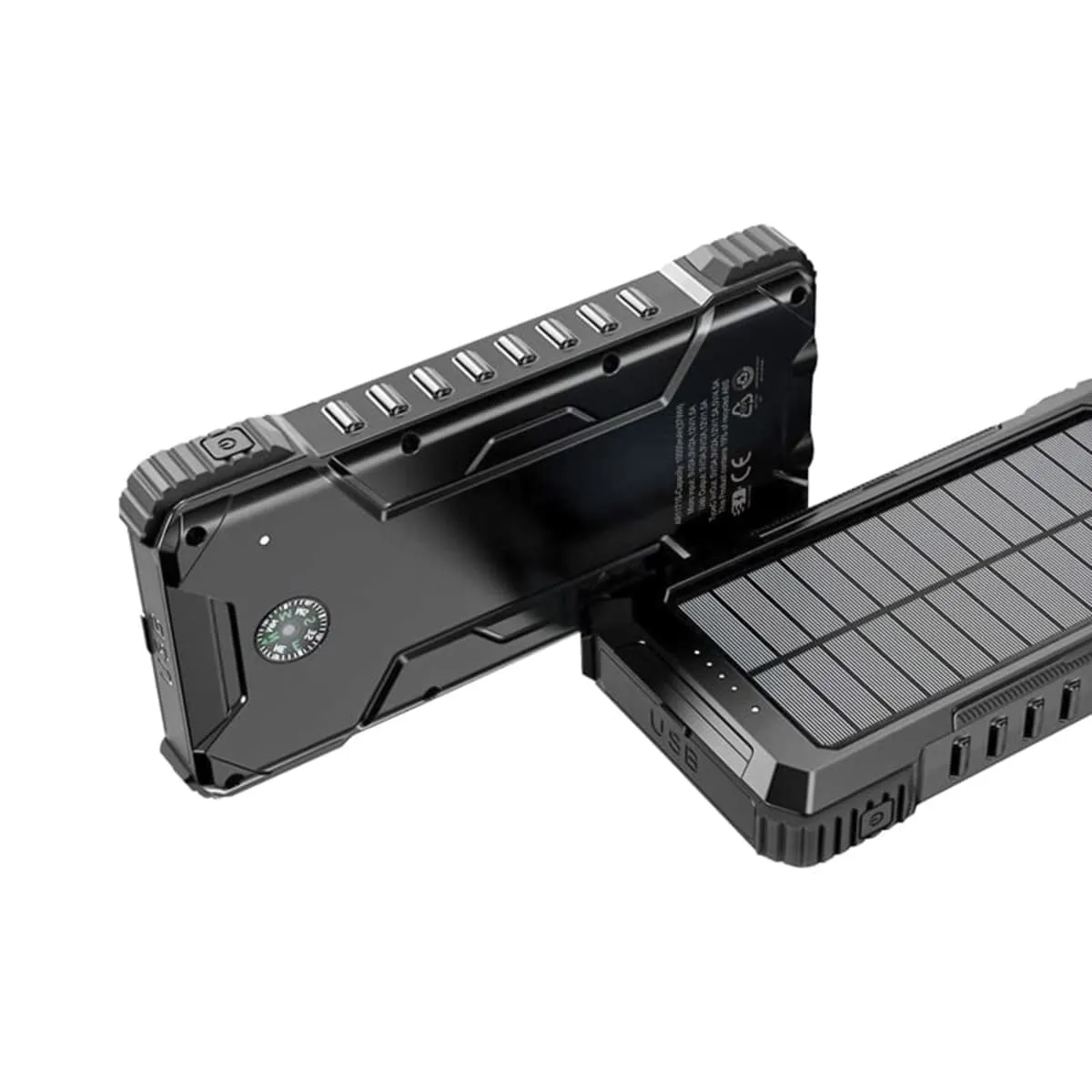 Two rugged solar power banks, one standing upright with a built-in compass and the other lying flat showing solar panels. Both feature multiple USB ports along the side and a durable, robust design.