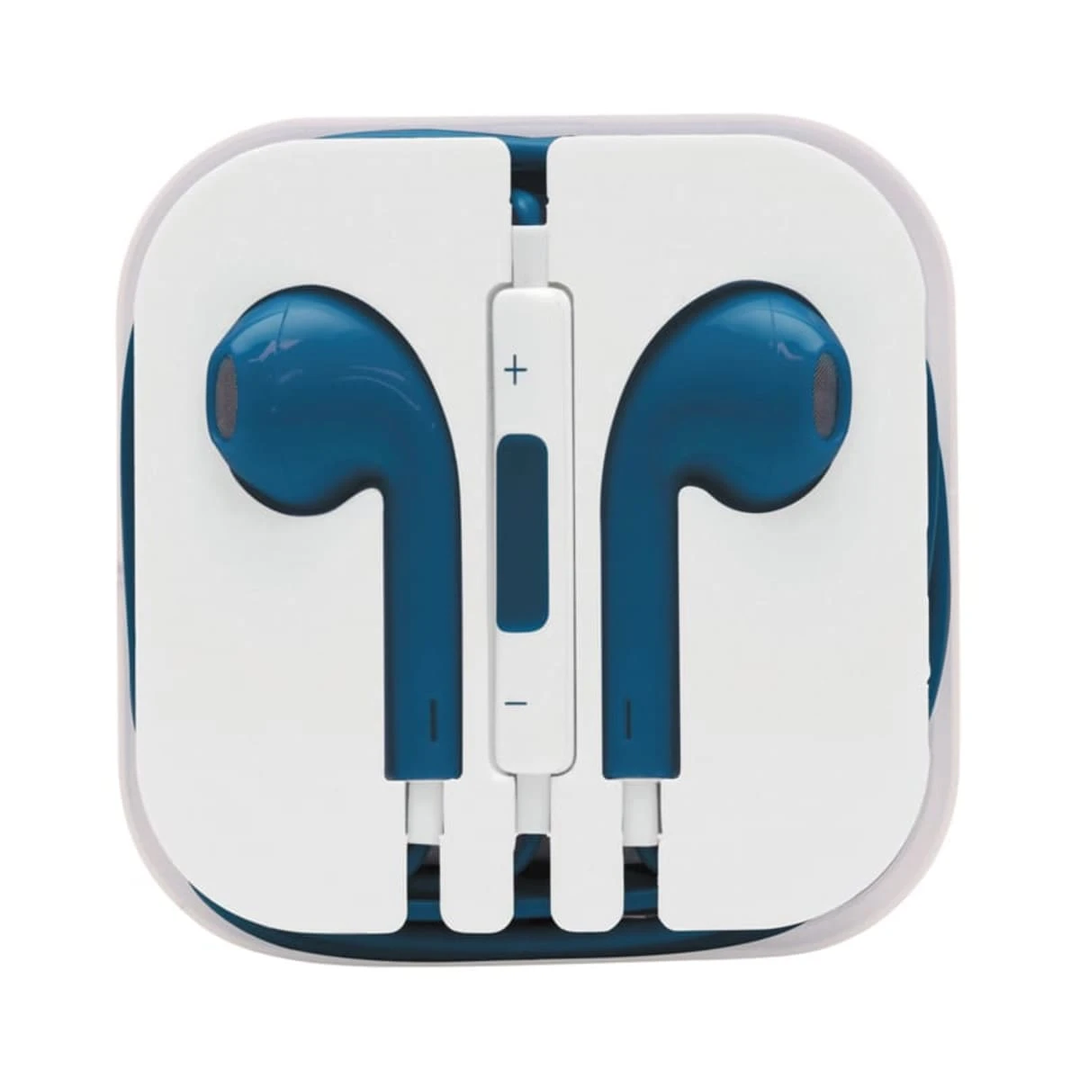 Blue earphones with inline controls, neatly packed in a white square plastic case.