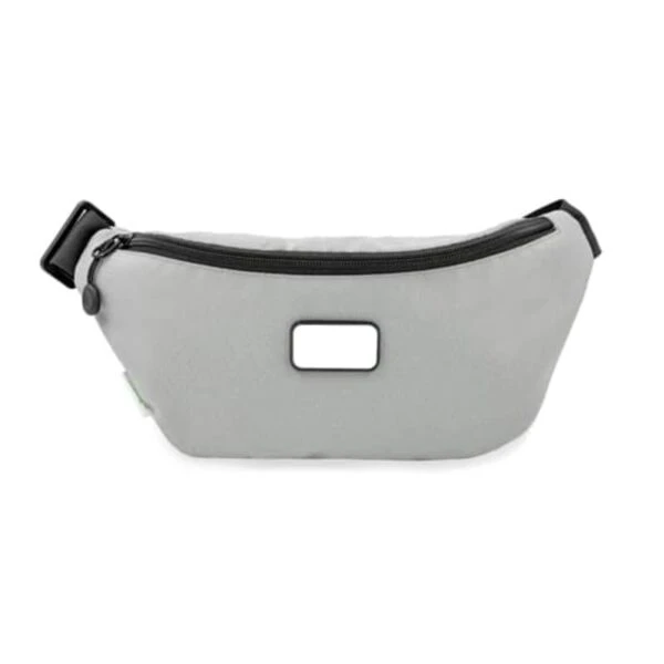A gray fanny pack with a black zipper. It has a sleek rectangular design with a small black square patch in the center. The adjustable strap has a black buckle on one side. The background is plain white.