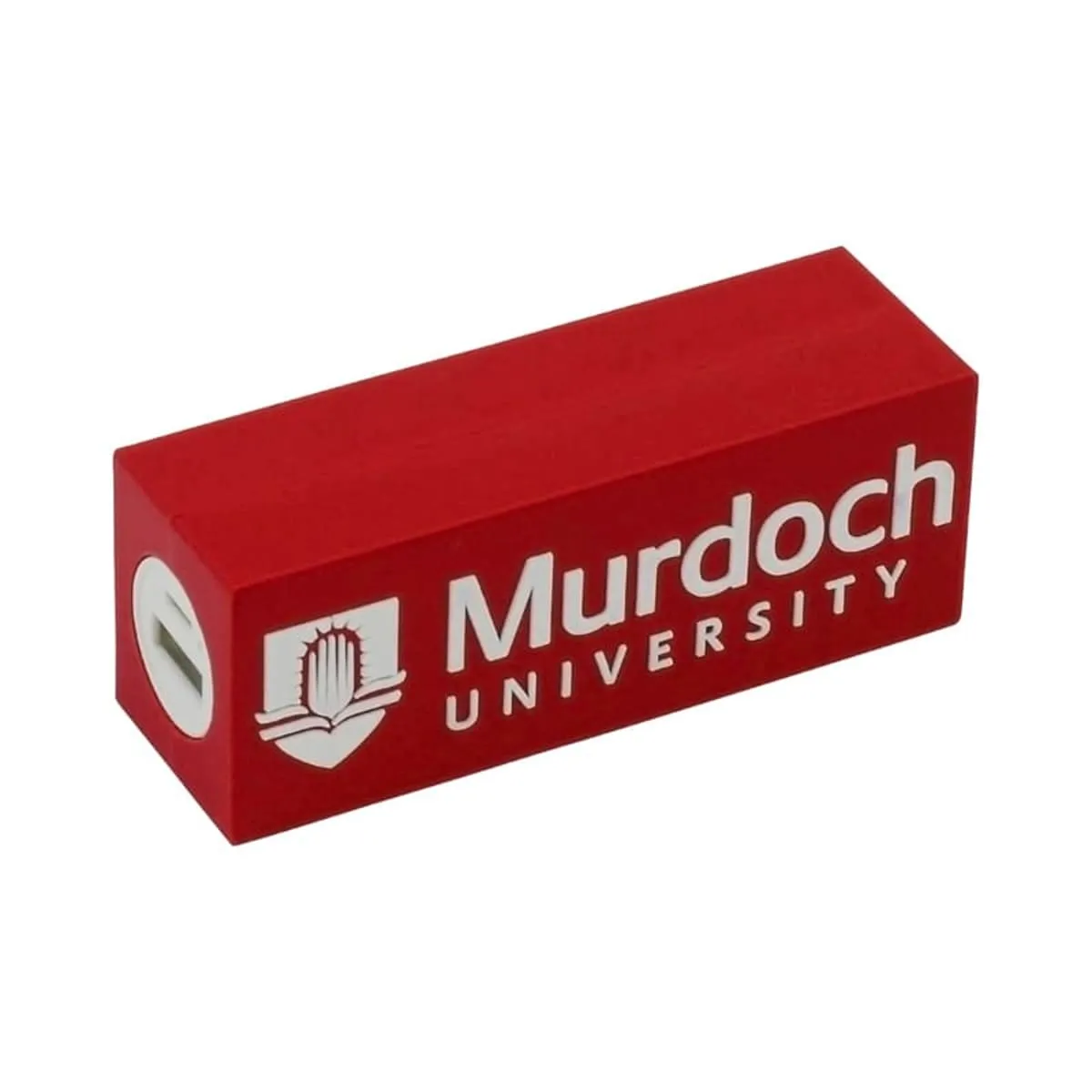 Red rectangular power bank with Murdoch University and a logo printed in white. USB port on the side.
