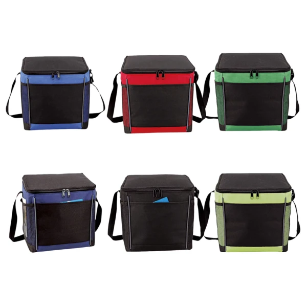 Six Customised Coolio Chiller Bags in blue, red, and green with black accents.