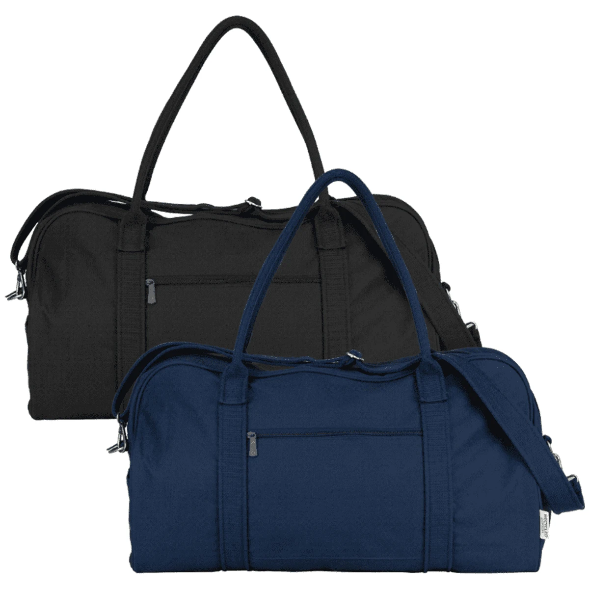Two duffel bags displayed side by side: one in black and the other in navy blue. Each bag has a zippered main compartment, a front pocket, and dual handles. Both bags also feature an adjustable shoulder strap.