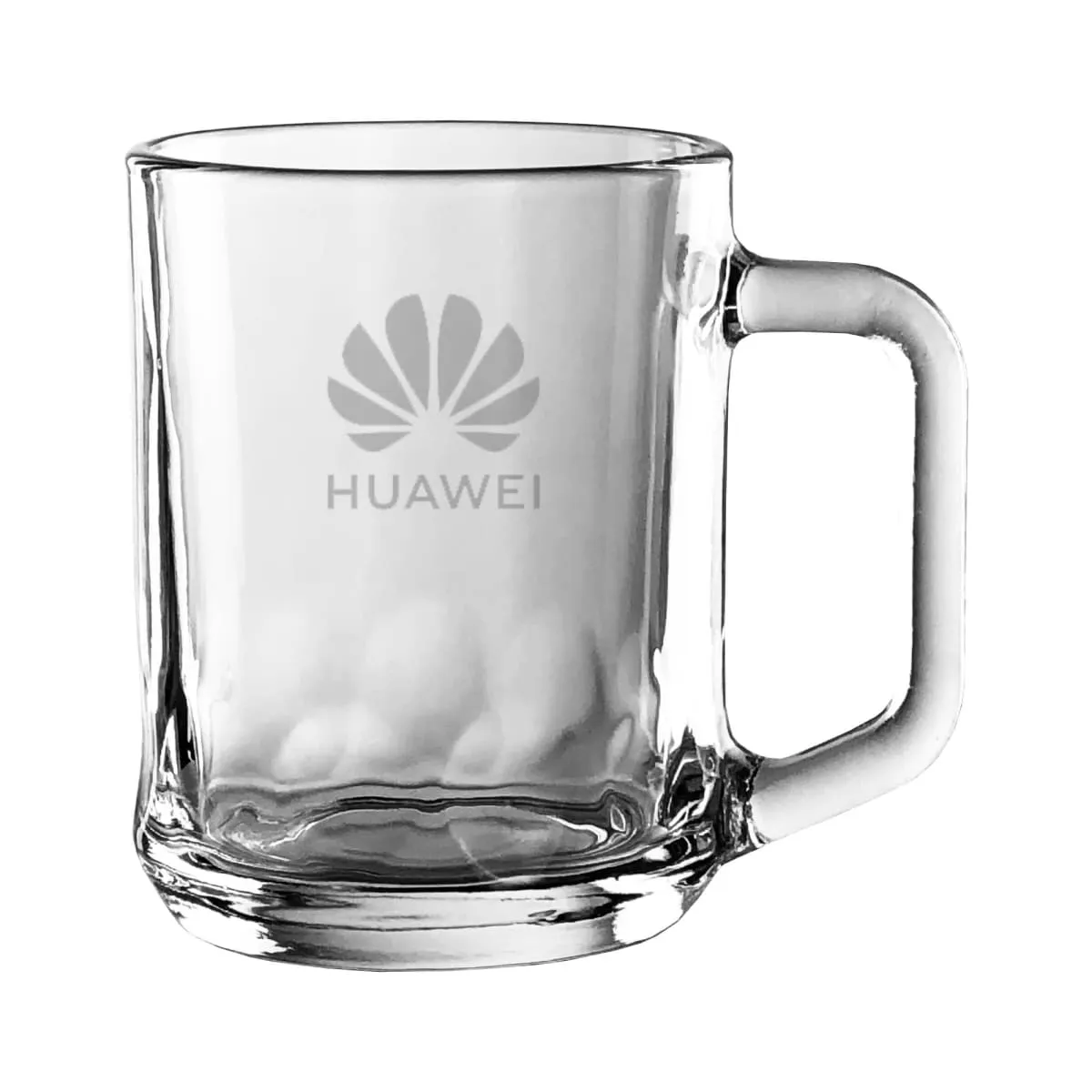 A clear glass mug with a handle, featuring the Huawei logo etched on the front. The mug has a smooth, cylindrical shape and is placed against a plain white background.
