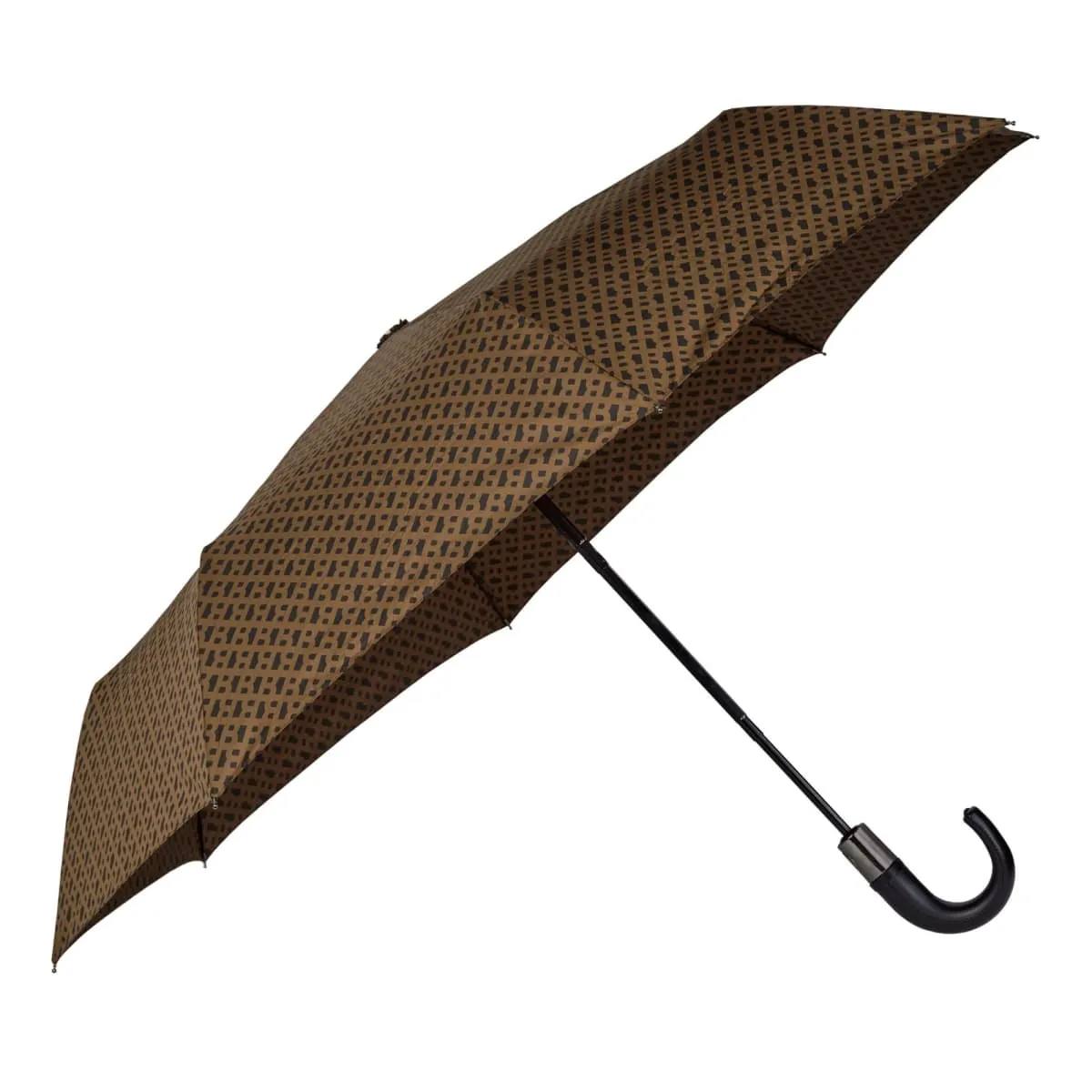 A brown umbrella with a geometric black pattern and a curved black handle is open against a white background.