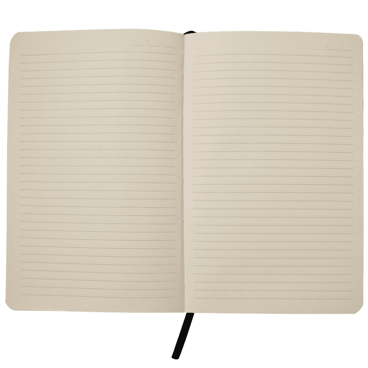 Open, blank, lined notebook with a black ribbon bookmark on a white background.