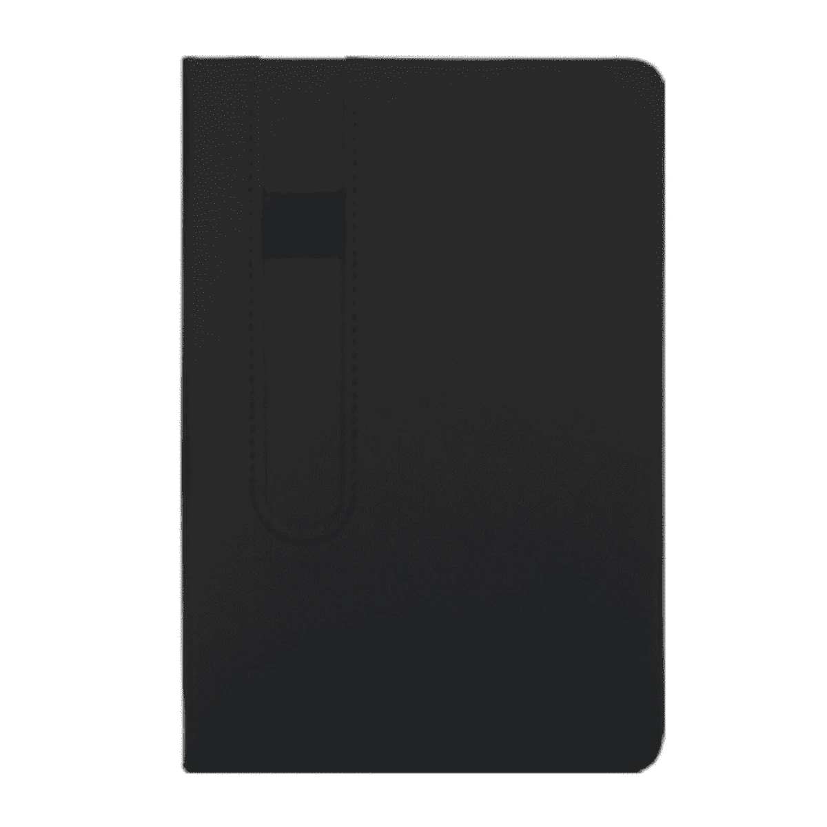 Closed black notebook with a vertical pen holder on the left side of the cover.