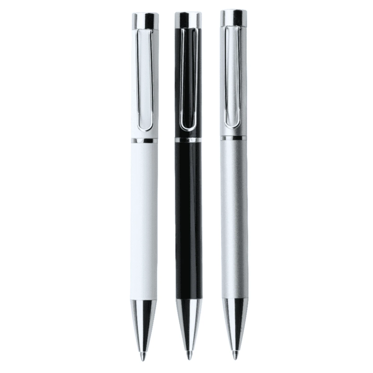 Three sleek metallic ballpoint pens are vertically aligned against a plain white background. The pens are white, black, and silver, each featuring a shiny chrome clip and pointed tip.