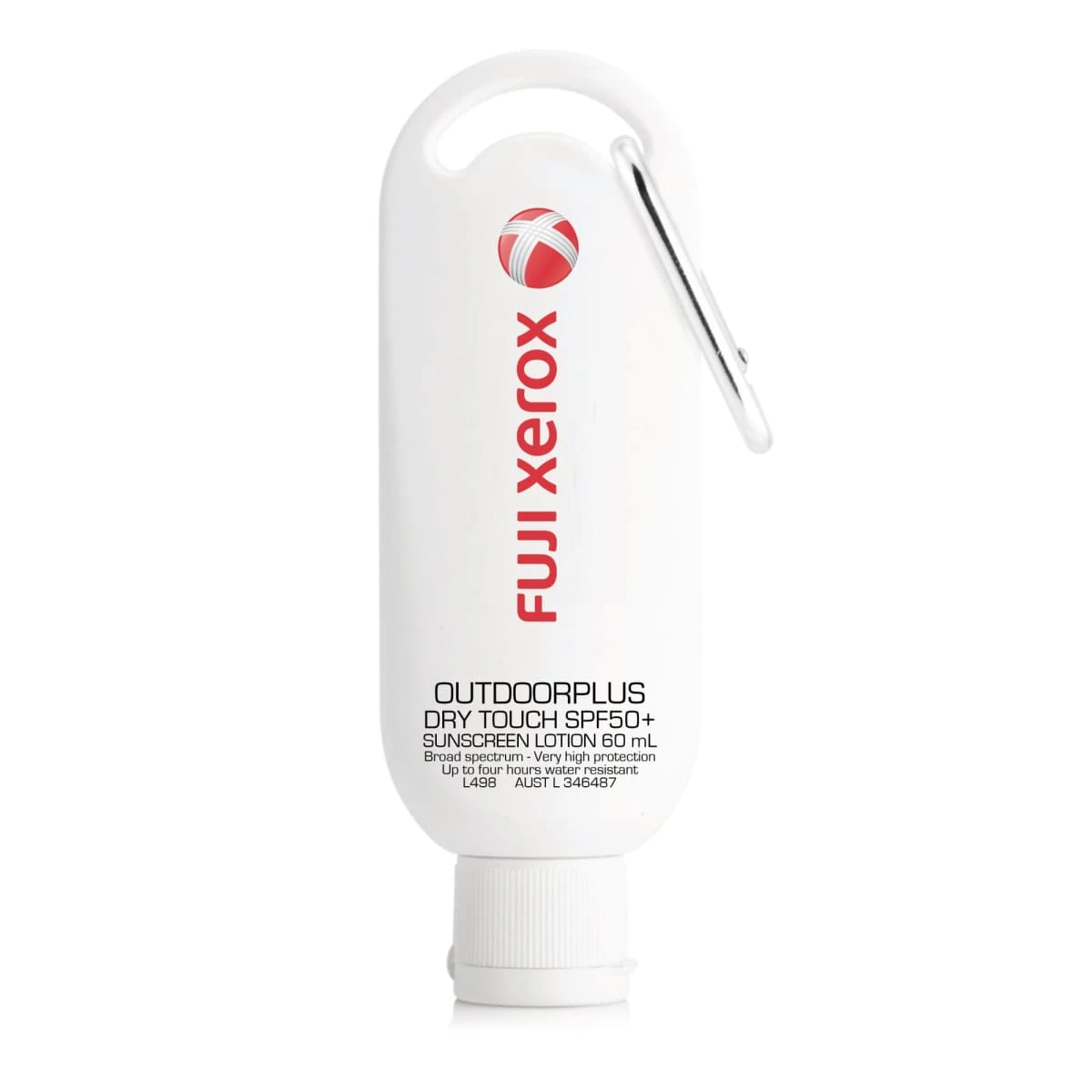 White Fuji Xerox sunscreen tube with a carabiner, labeled SPF 50+ outdoor sunscreen.