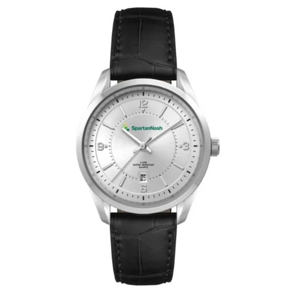 Silver wristwatch with black leather strap and SpartanNash logo on the white dial.