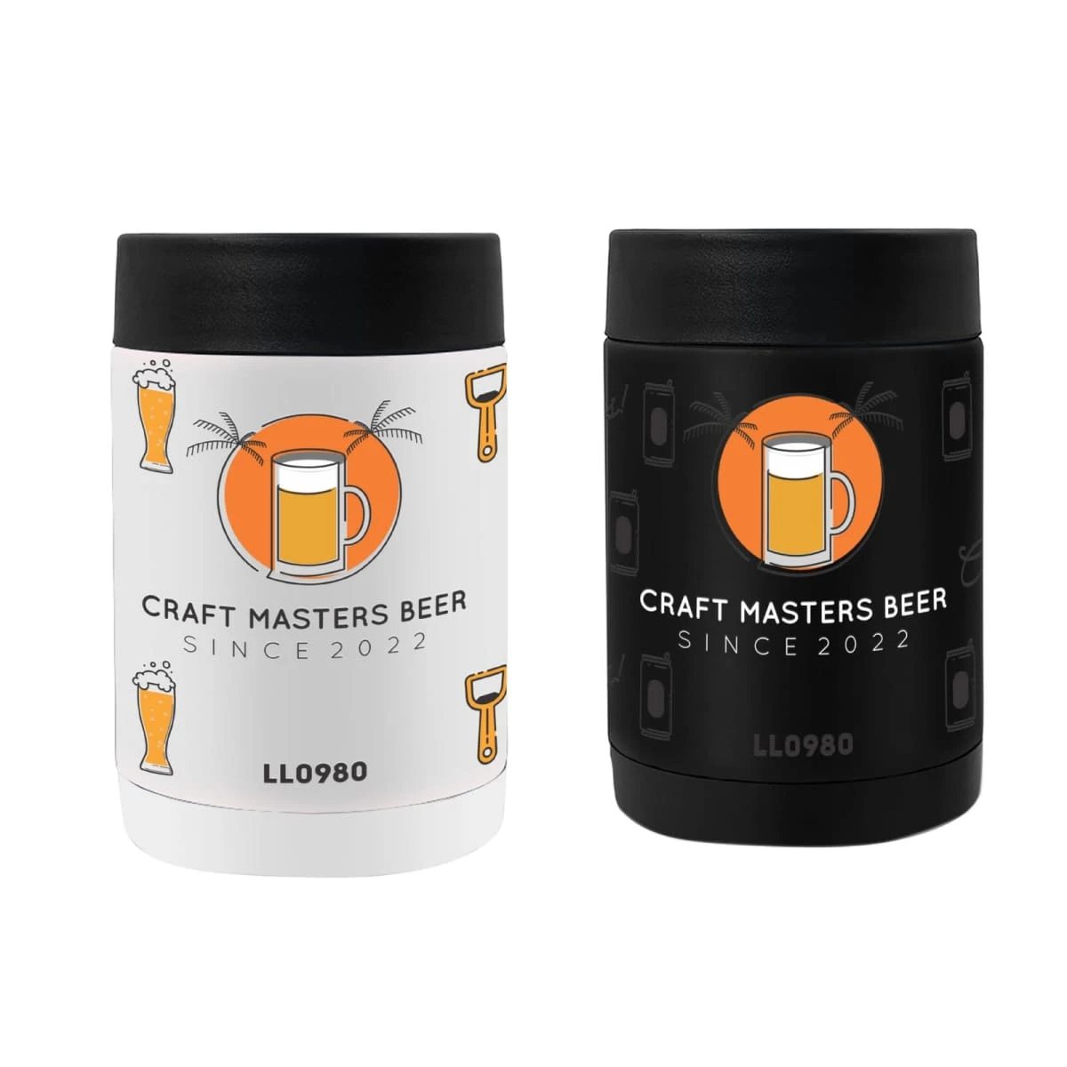 Two cylindrical beverage coolers are shown: one white and one black. Each features a logo with a beer mug on an orange circle and the text Craft Masters Beer Since 2022. Decorative imagery includes beer glasses and bottle openers.