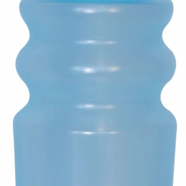A blue plastic water bottle with a ribbed grip and a sports cap.