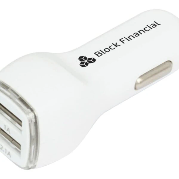 White dual USB car charger with Block Financial logo printed on the side.