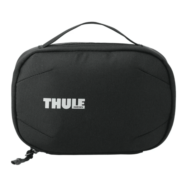 Black Thule travel pouch with a handle on top, featuring the Thule logo in white. The pouch has a durable, textured surface and a zipper with a small pull tab. Designed for organizing and protecting small essentials.