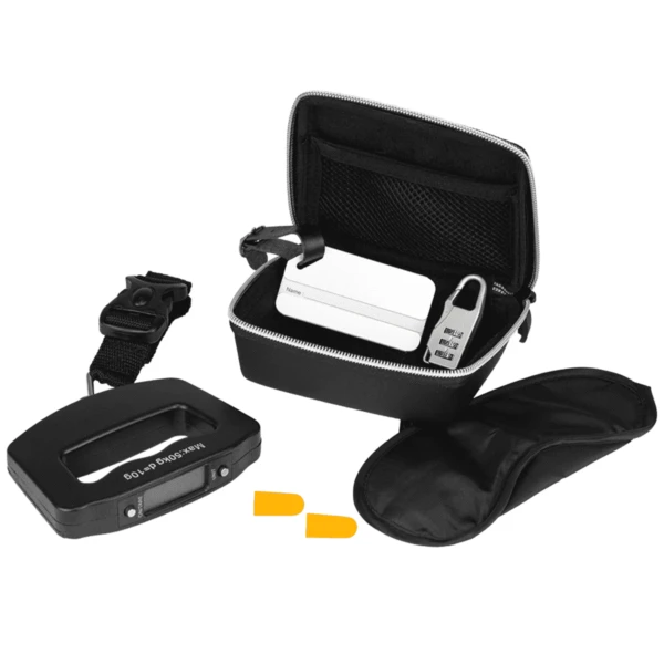Black carrying case with accessories, including earplugs, eye mask, and a white device.