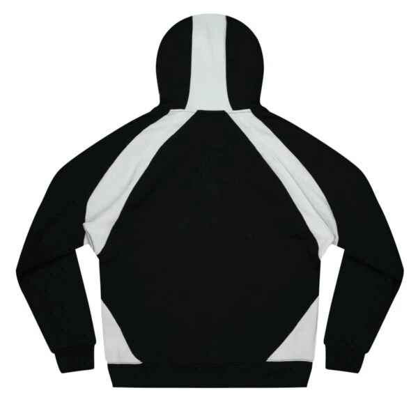 Black and white hooded sweatshirt shown from the back, featuring bold color blocking.