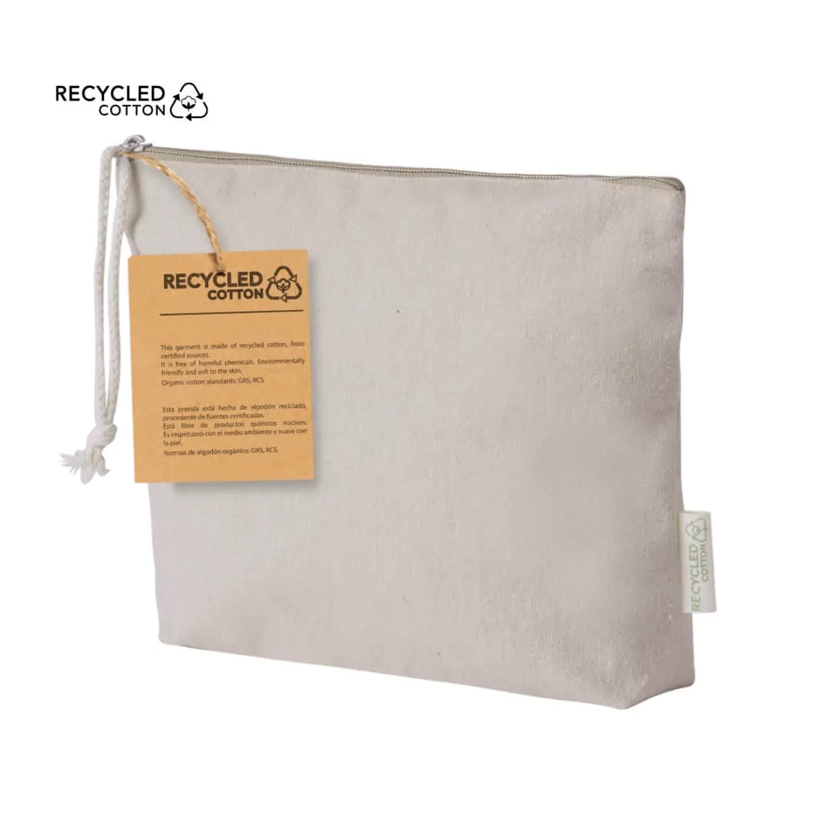 Beige recycled cotton pouch with zipper and tag, featuring a recycled cotton symbol.