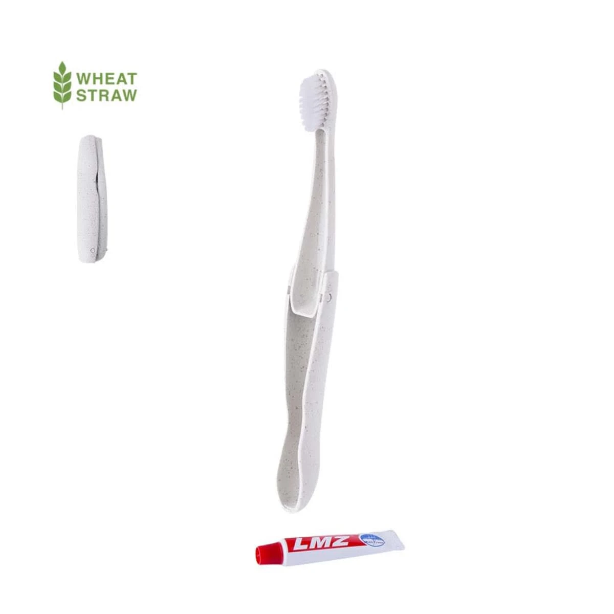 White wheat straw toothbrush with case and small LMZ toothpaste tube on white background.