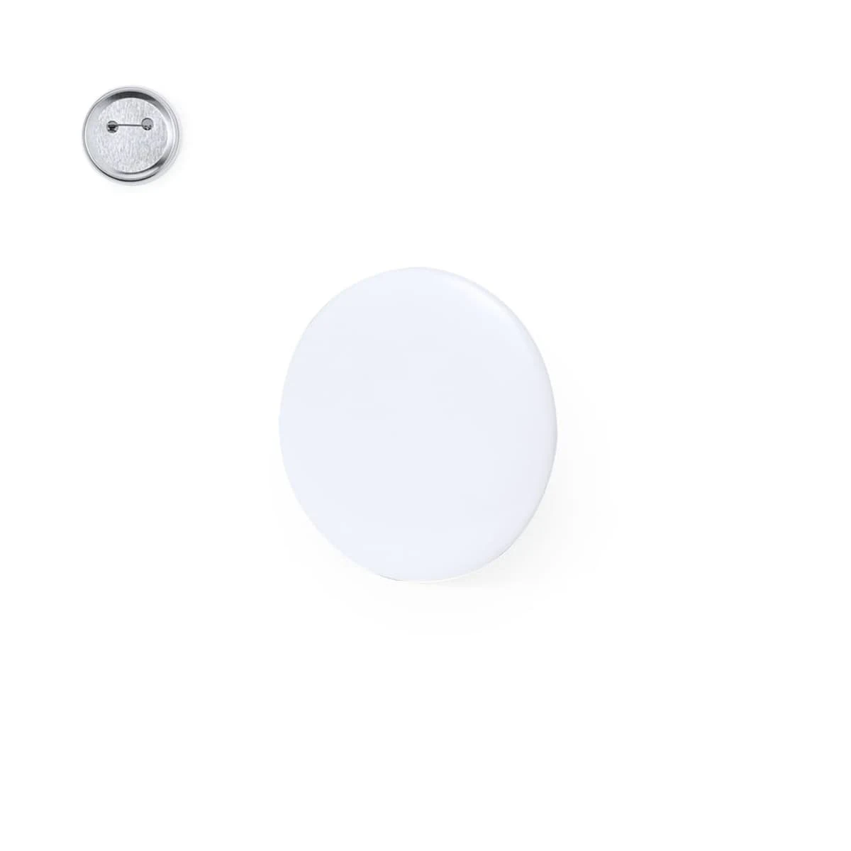 Round white button badge with a pin backing, shown on a plain white background.