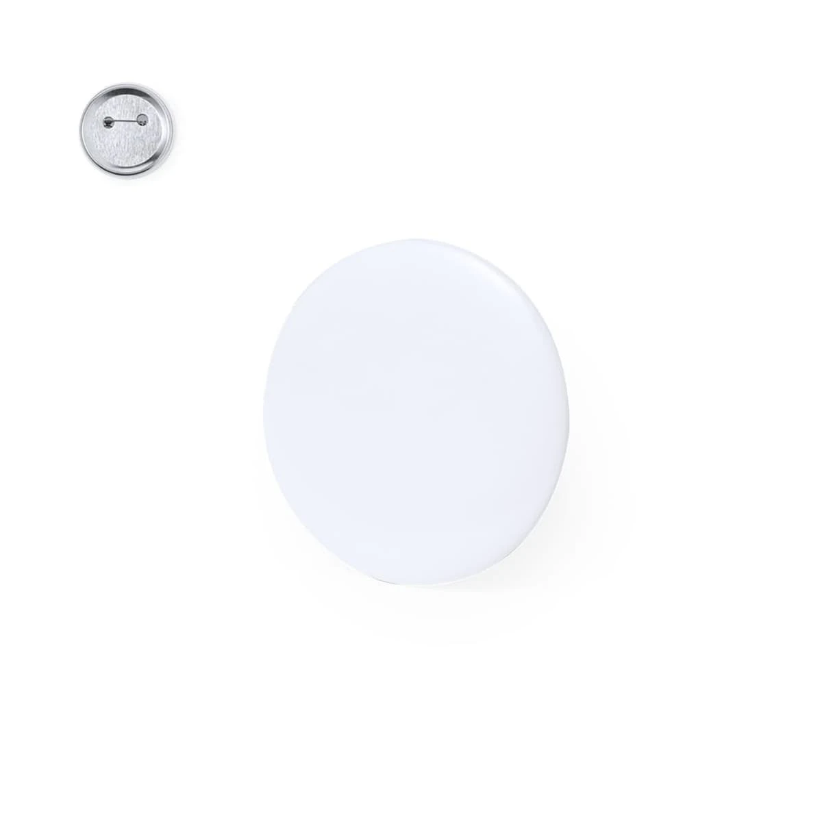 A round white button badge with a visible metal pin backing above it on a white background.