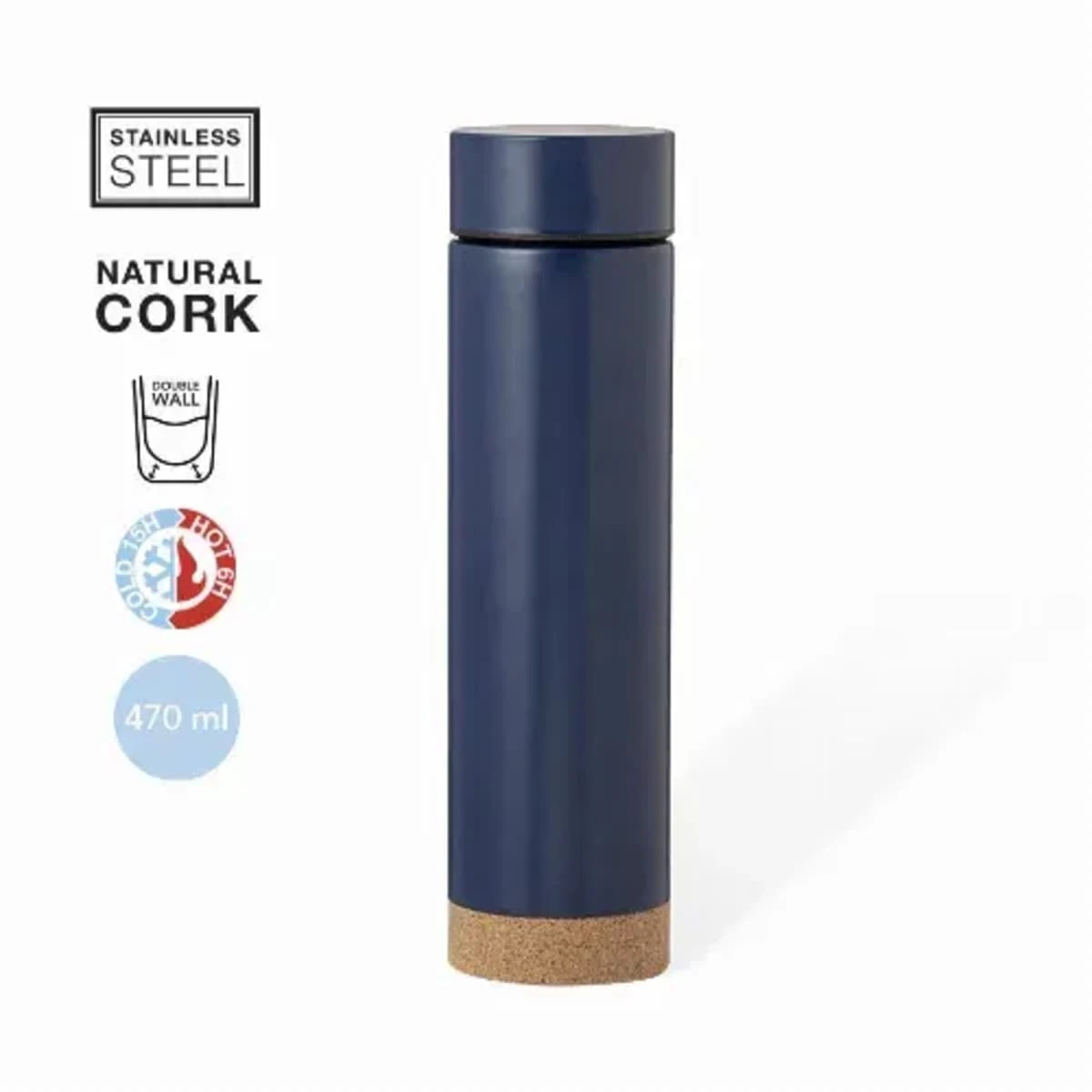 Navy stainless steel bottle with cork base, 470 ml, double wall, hot/cold icons shown.