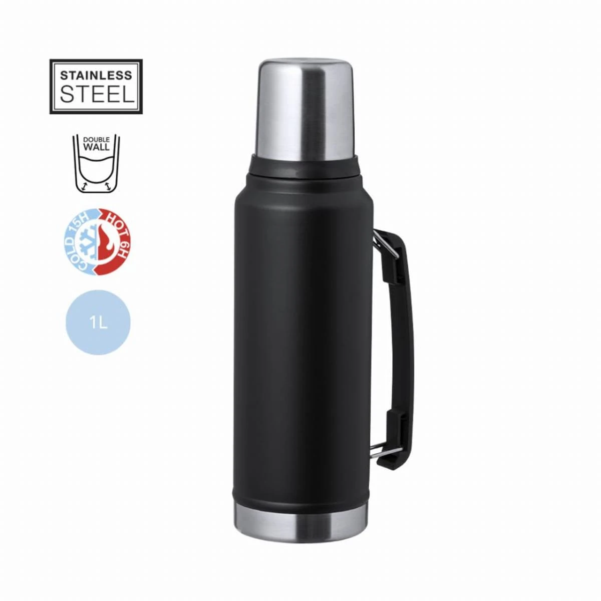 Black stainless steel thermos with handle, 1 liter capacity, double wall insulation.