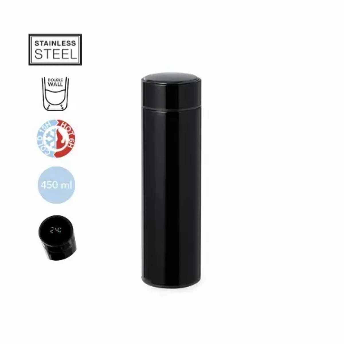 Black stainless steel thermos bottle with 450ml capacity and digital temperature display.