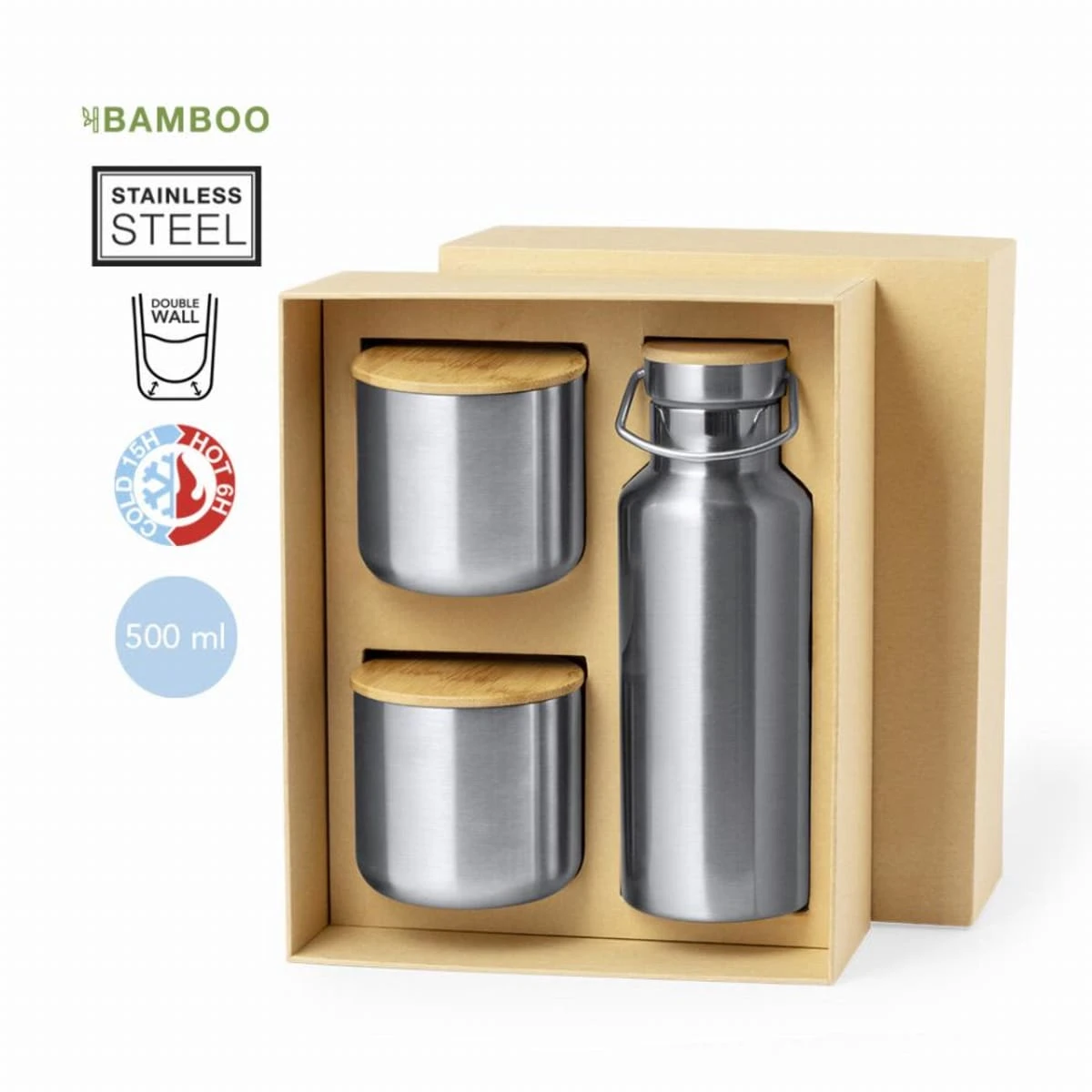 Stainless steel bottle and two containers with bamboo lids in a cardboard gift box.
