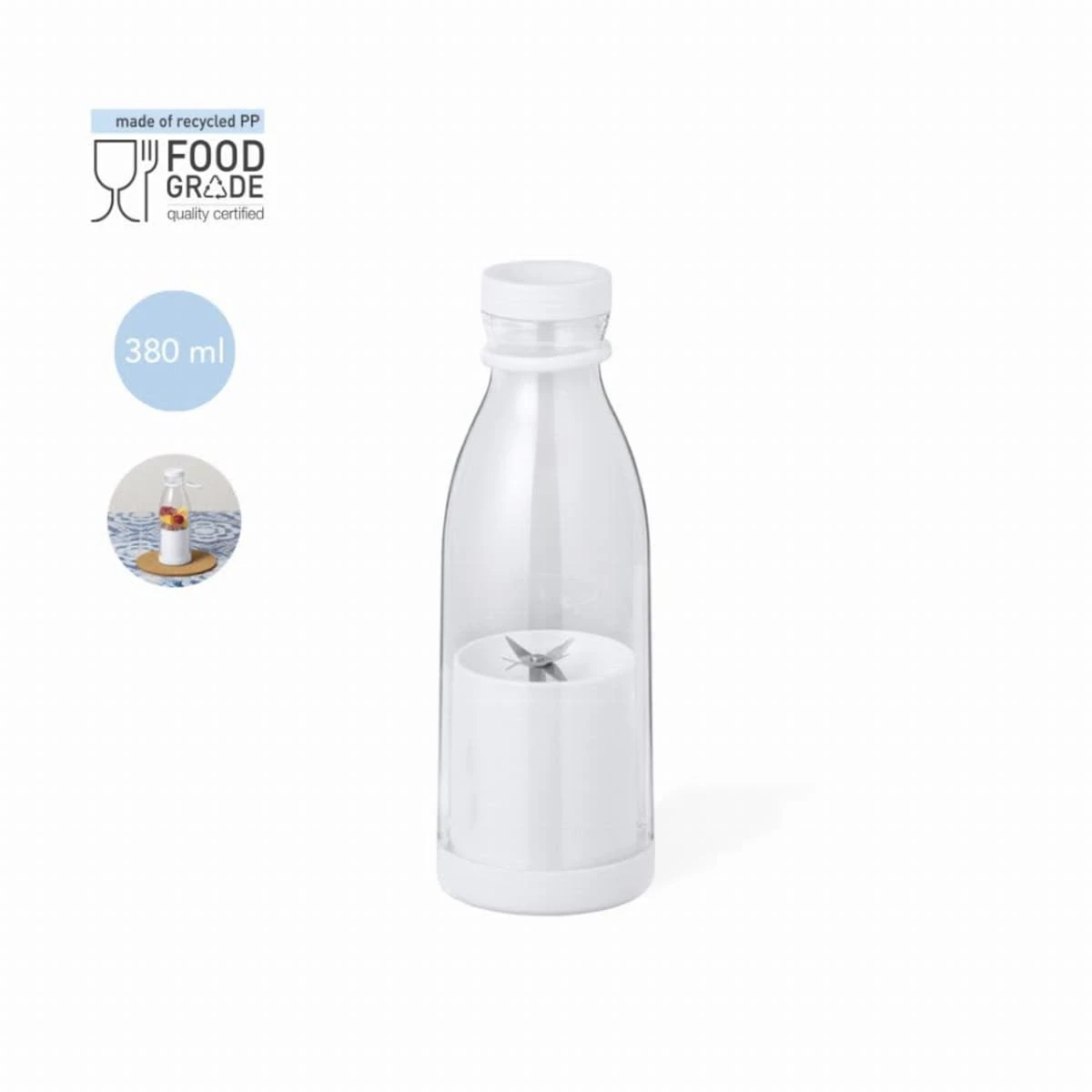 Clear plastic bottle with white lid, 380 ml, labeled food grade and made of recycled material.